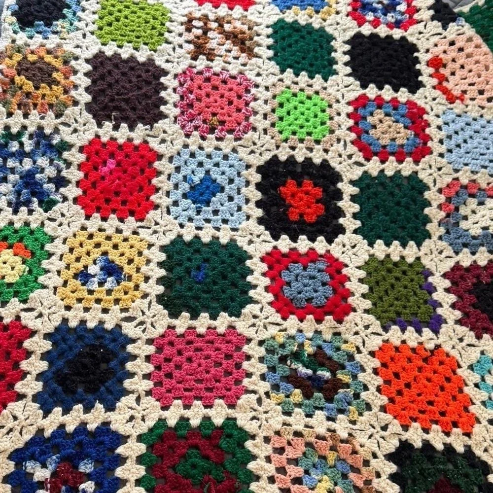 Handmade VTG Afghan Throw Crochet Granny Squares Colorful 55